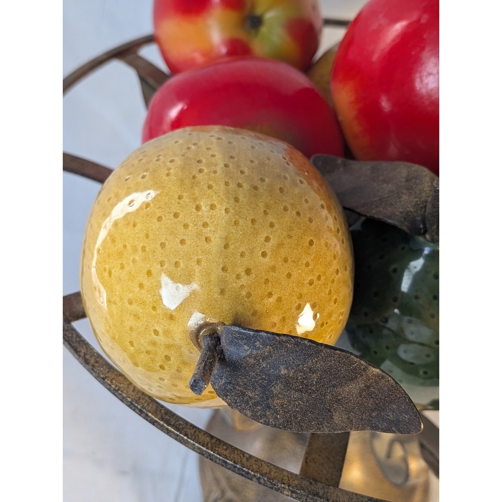 Vintage Ornate Metal Pedestal Fruit Bowl Centerpiece with Ceramic Faux Fruit - Picture 3 of 5